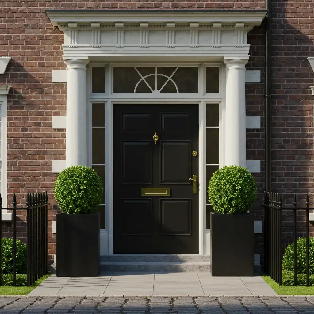 A home's front door flanked by a symmetrical pair of large planters with boxwood topiaries, boosting curb appeal.