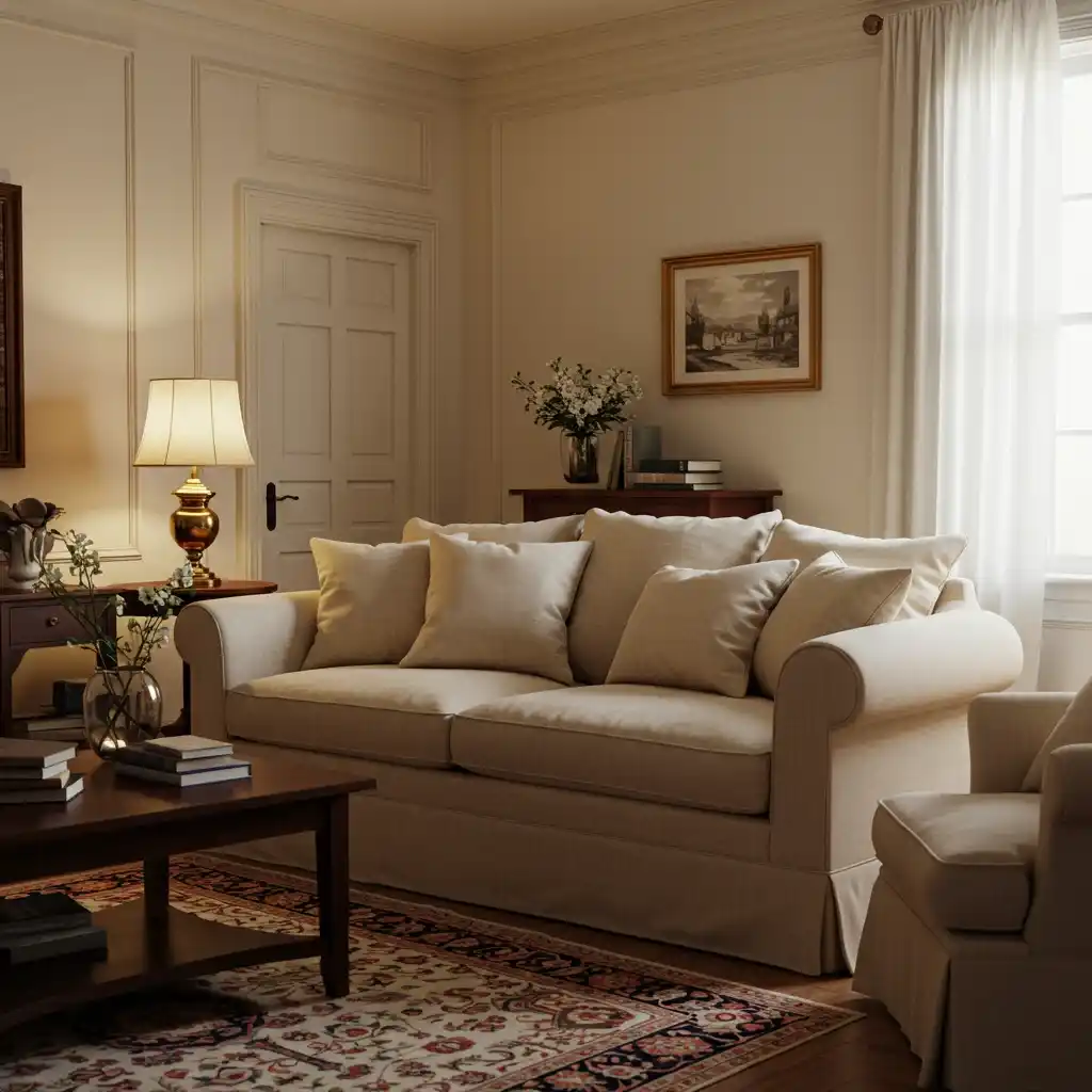 A warm and inviting living room with walls painted in a soft, creamy white.