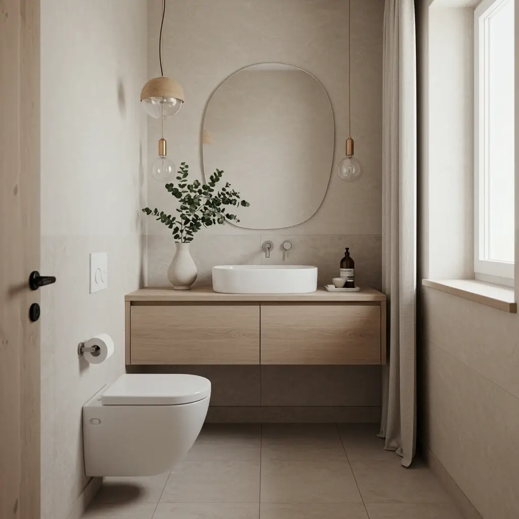 A small Japandi-style bathroom with a monochromatic light beige color palette to create a serene and spacious feel.