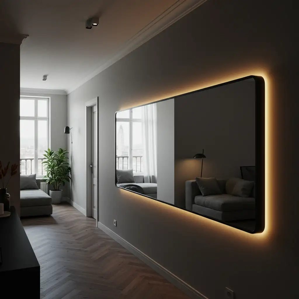 A long apartment living room with a floating sofa layout to create a clear main walkway.