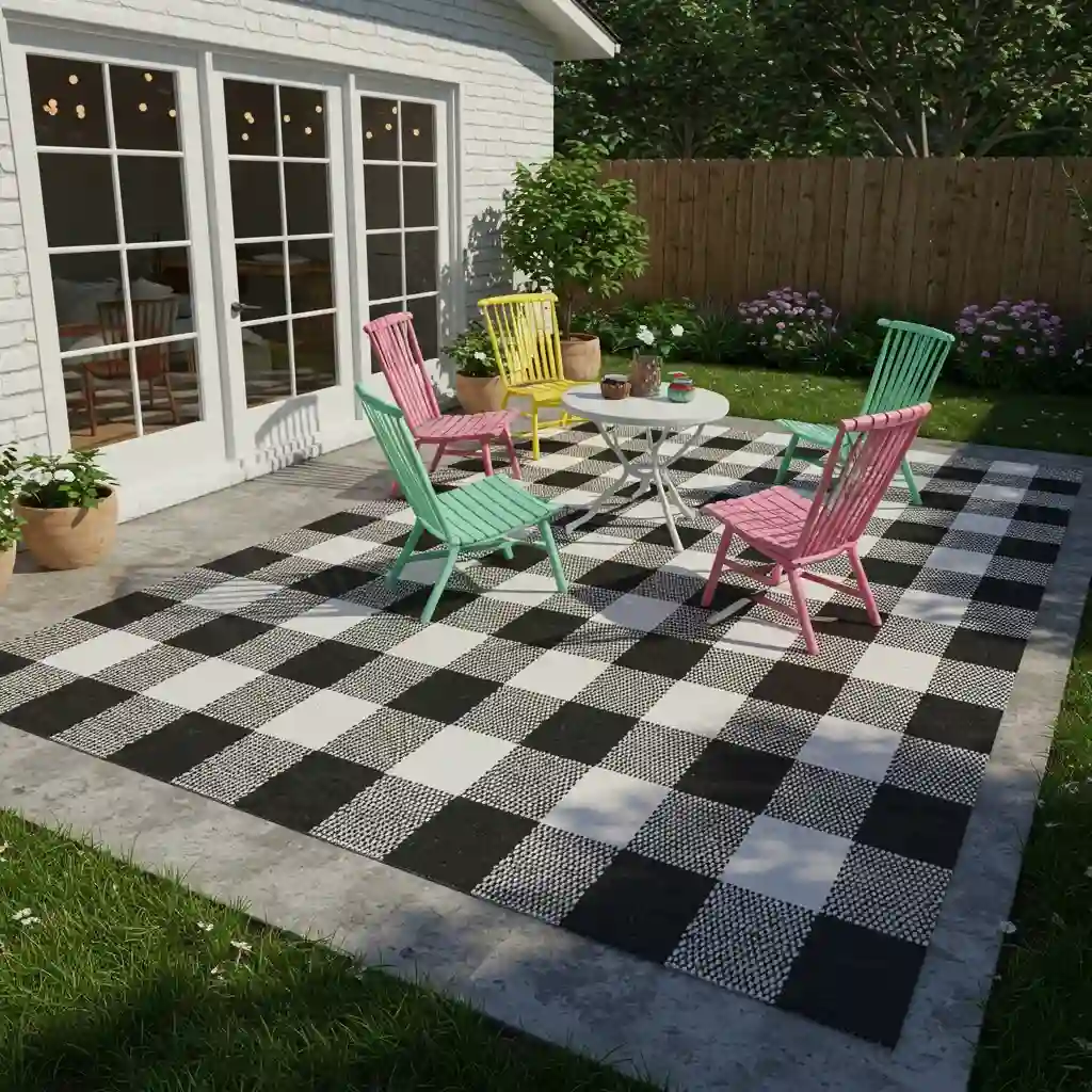 A creative, cheap backyard idea showing a large, buffalo check pattern painted as a faux rug on a concrete patio.