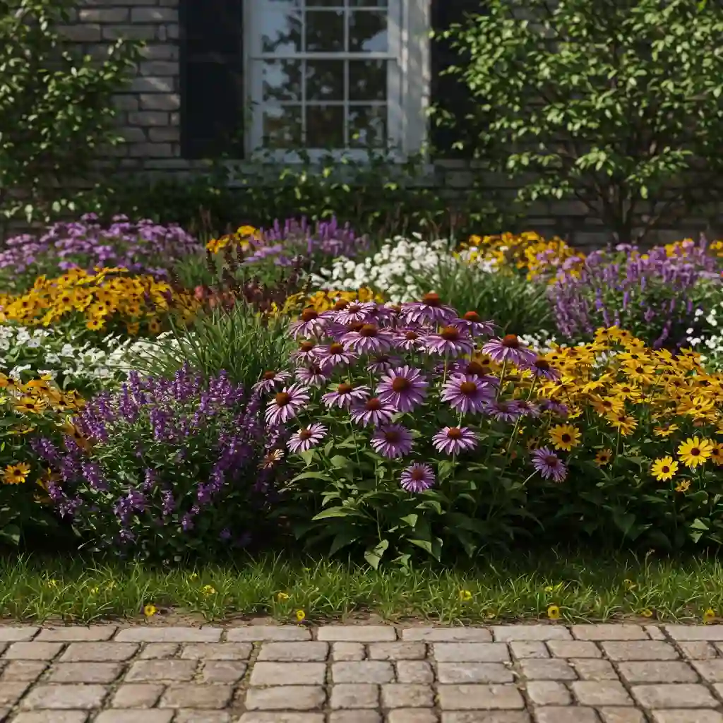 A low-maintenance garden bed filled with hardy, long-blooming perennials like coneflowers.