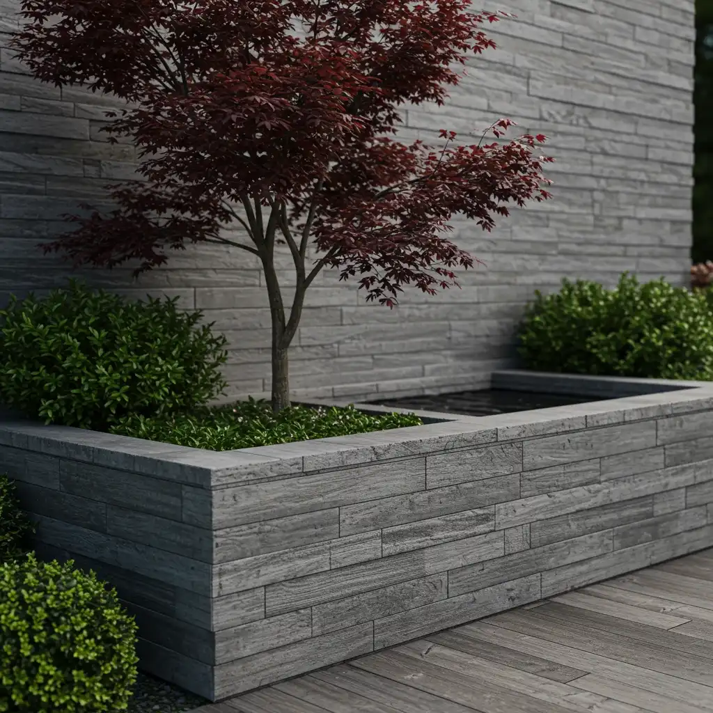 A modern garden featuring a beautifully textured, board-formed concrete retaining wall and planter.