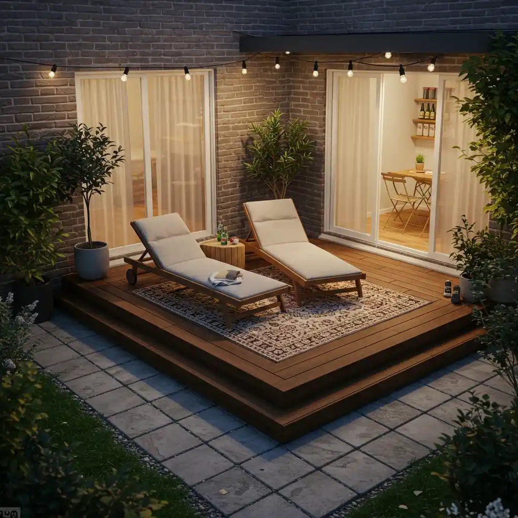 A small backyard with distinct zones created by a low deck and a paver patio.