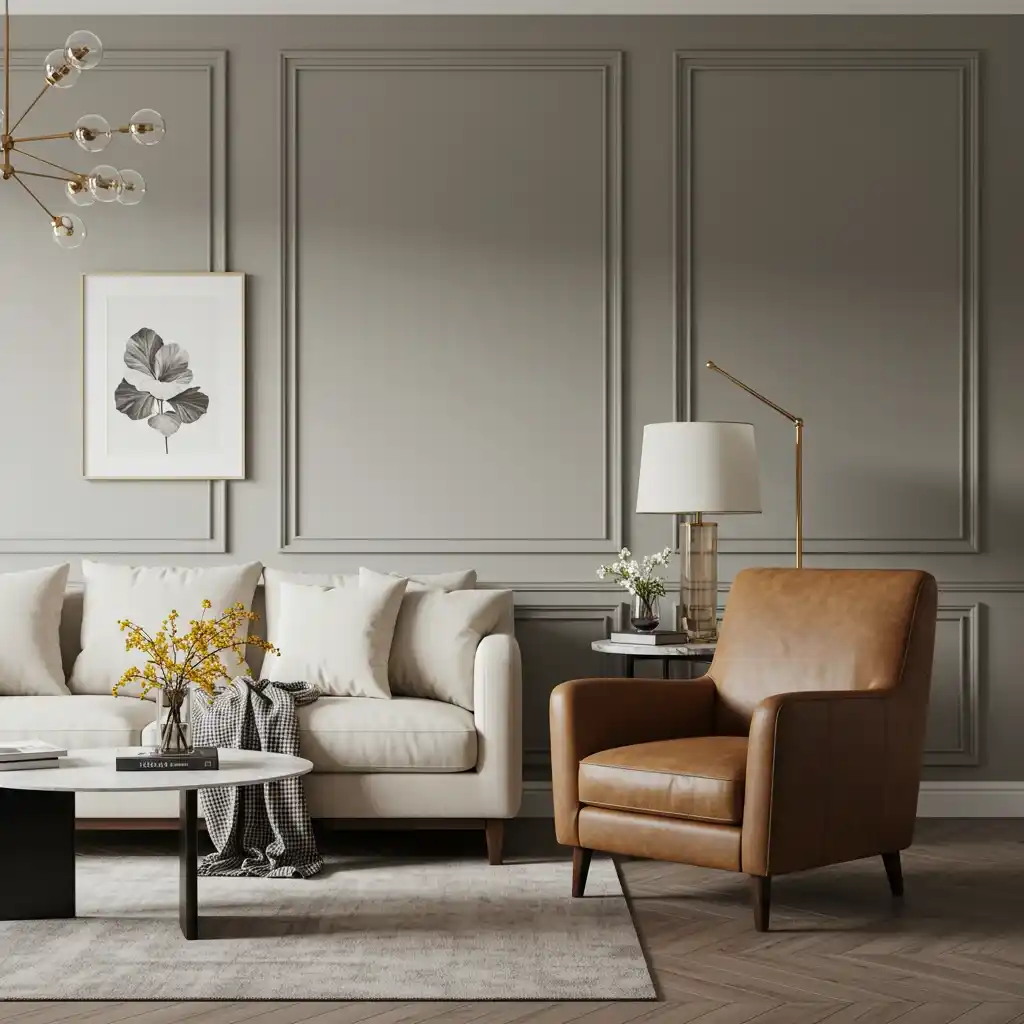 A sophisticated gray living room with walls painted in a versatile, warm "greige" color.