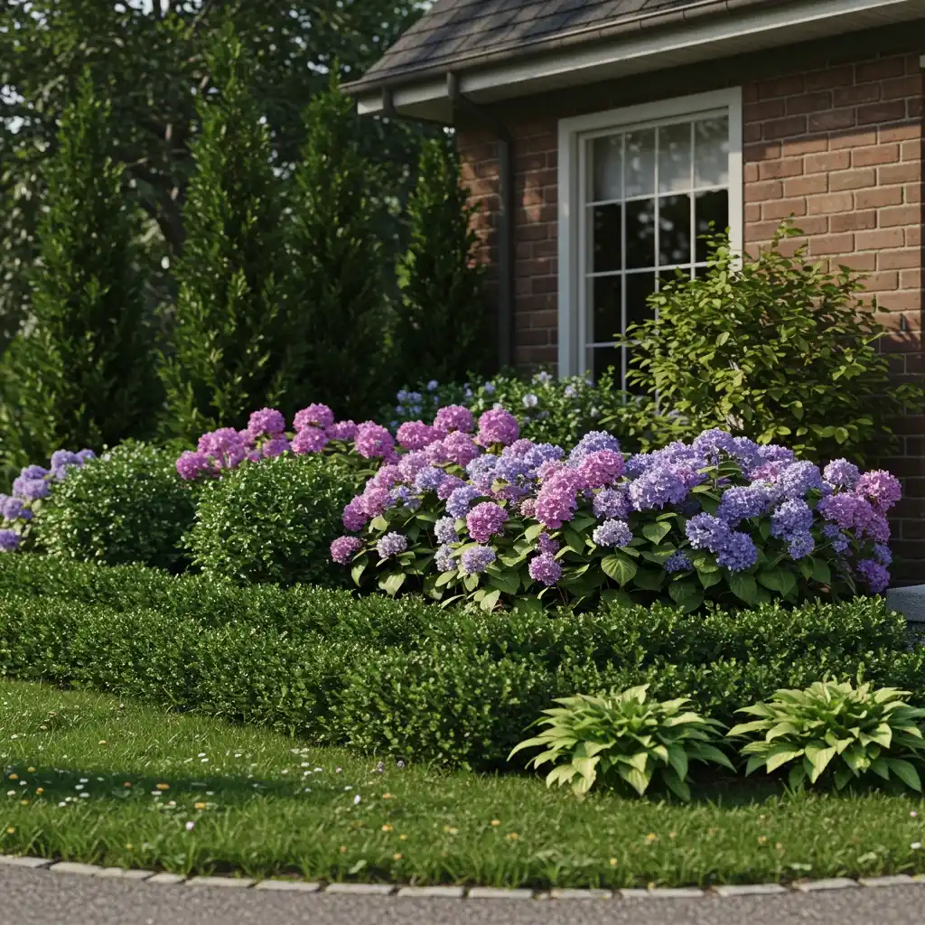 A low-maintenance front yard with beautifully layered foundation plantings of shrubs and perennials.
