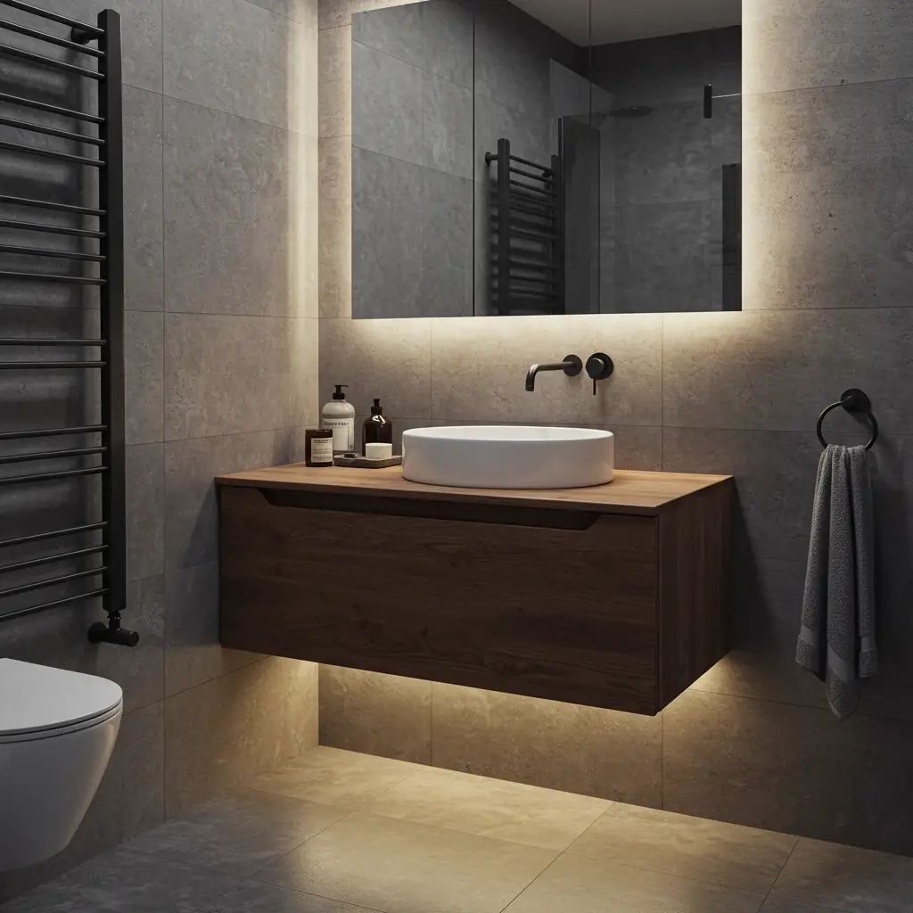 A contemporary small bathroom with a dark wood floating vanity and matte black wall-mounted faucet.