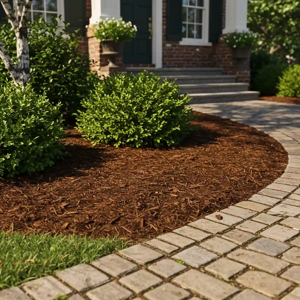 A low-maintenance front yard with a thick layer of dark wood mulch in the garden beds to suppress weeds.