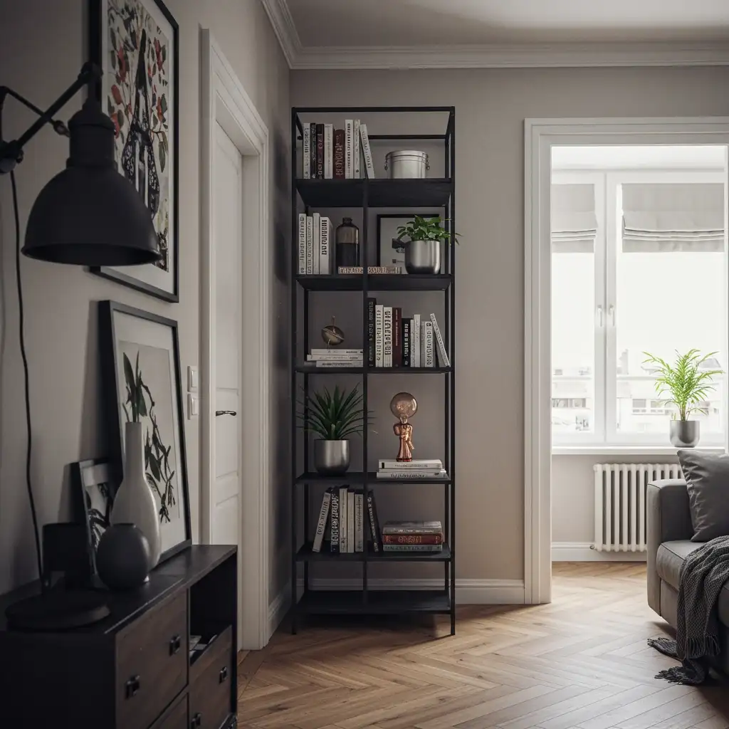 A long apartment living room furnished with visually light, "leggy" furniture to create a sense of space.