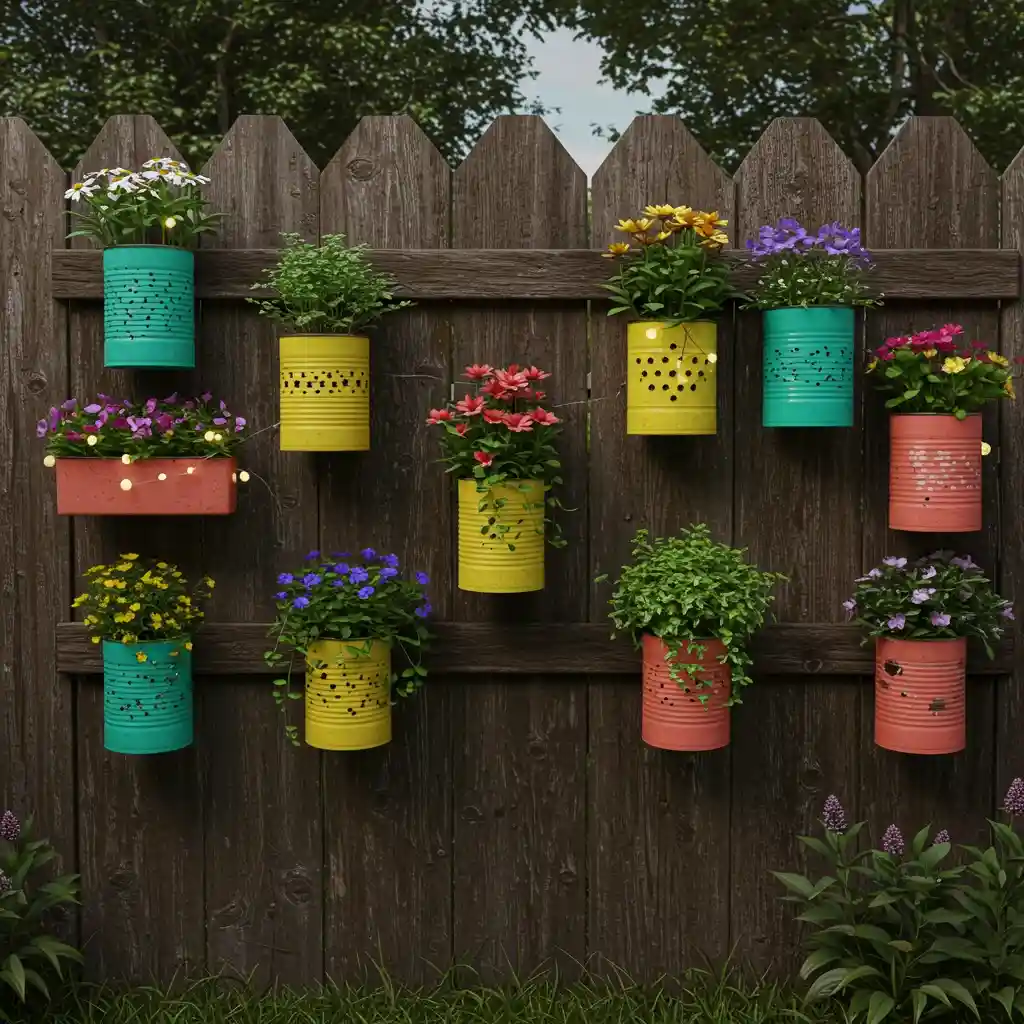 A creative cheap backyard idea showing colorful, upcycled tin cans used as planters and lanterns.