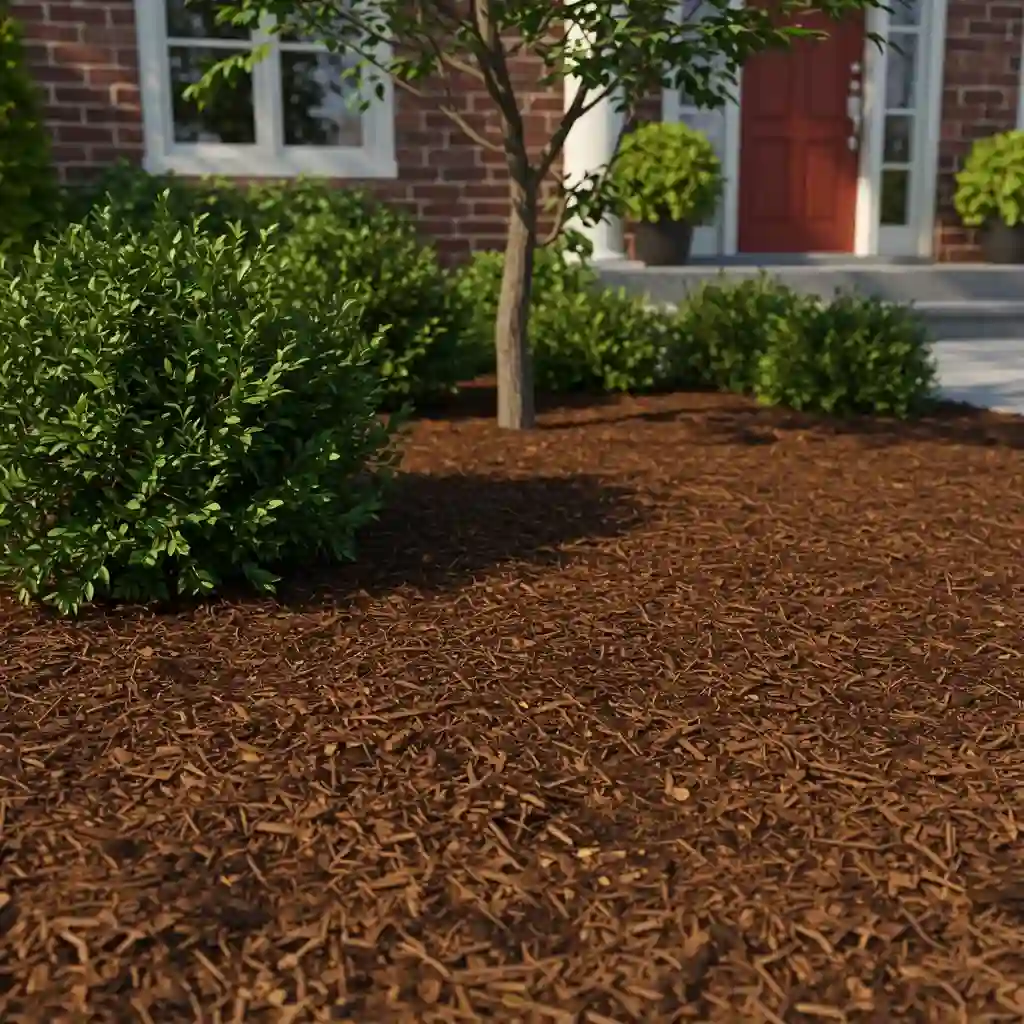 A low-maintenance front yard with a thick layer of dark wood mulch in the garden beds to suppress weeds.