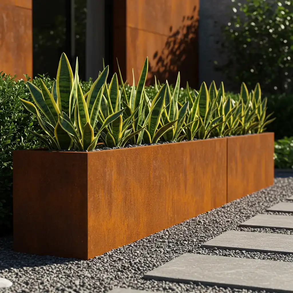 A modern garden featuring a large Corten steel planter with a rust patina, a key element of modern design.