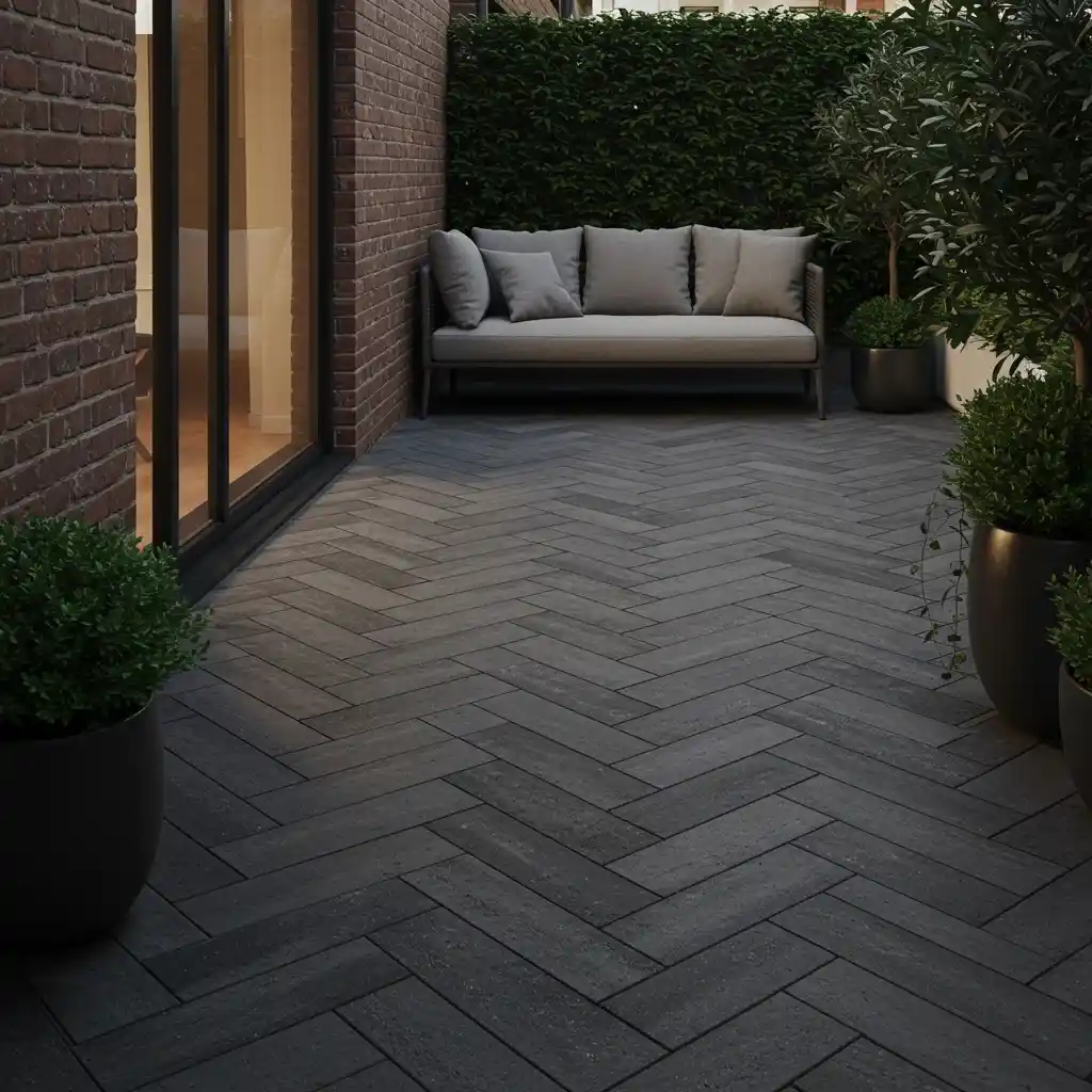 A small backyard patio with pavers laid in a diagonal herringbone pattern to make the space feel wider.