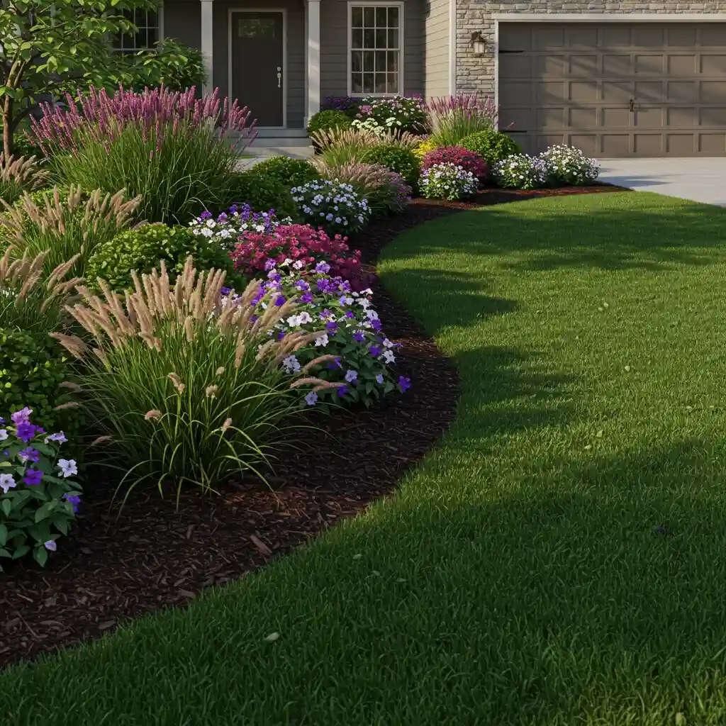 A front yard with a large, sweeping, curved garden bed to add interest and reduce the lawn size.