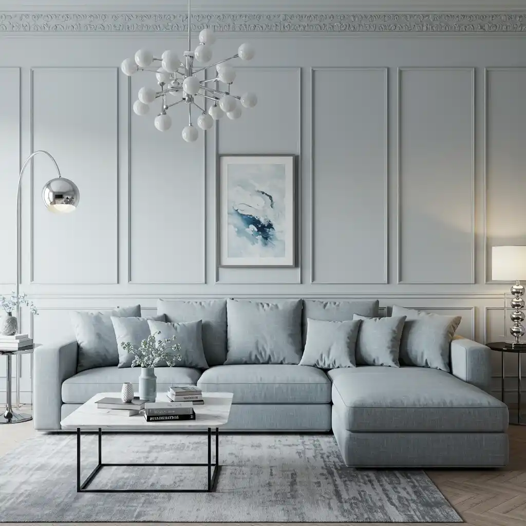 A modern and serene living room featuring soft, light gray walls as a sophisticated neutral.