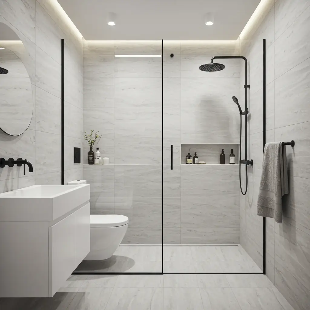 A minimalist small bathroom with a frameless glass shower panel and continuous gray marble-effect tile.