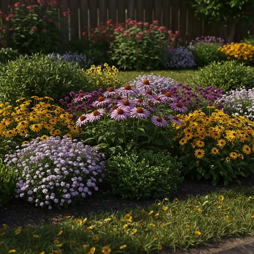 A low-maintenance garden bed filled with hardy, long-blooming perennials like coneflowers.