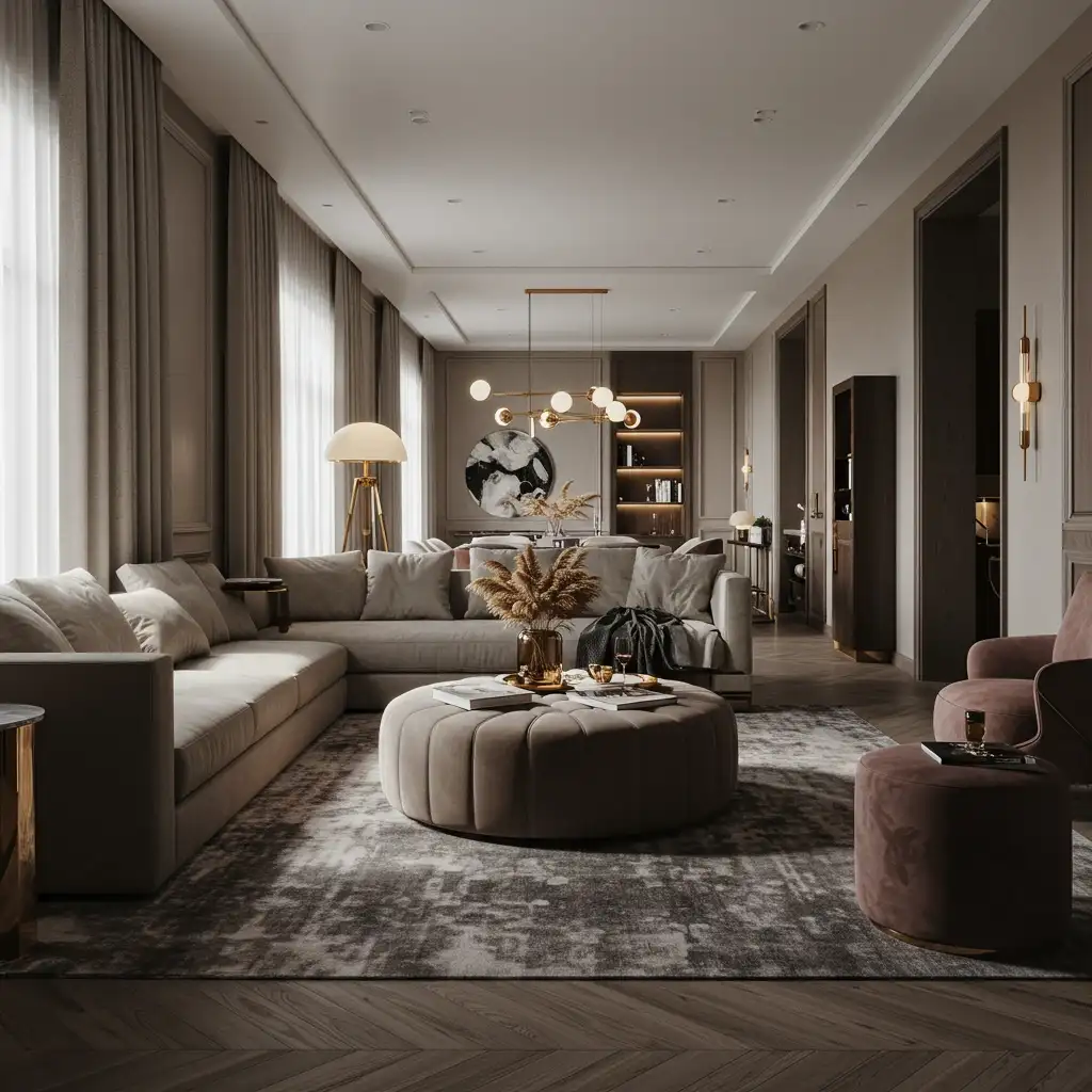 A long, narrow living room using a round ottoman and a circular rug to break up the linear feel.