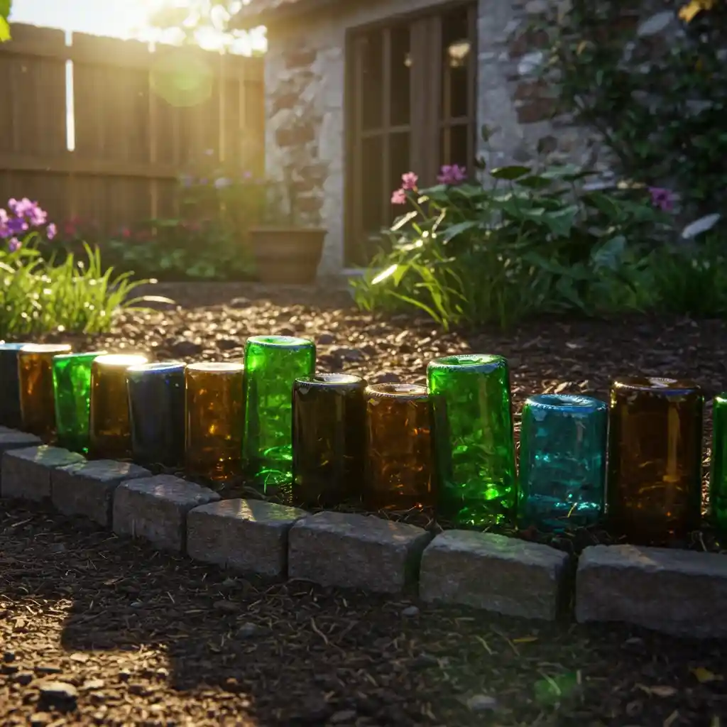 A cheap and creative backyard idea showing a garden bed edged with colorful, repurposed glass bottles.