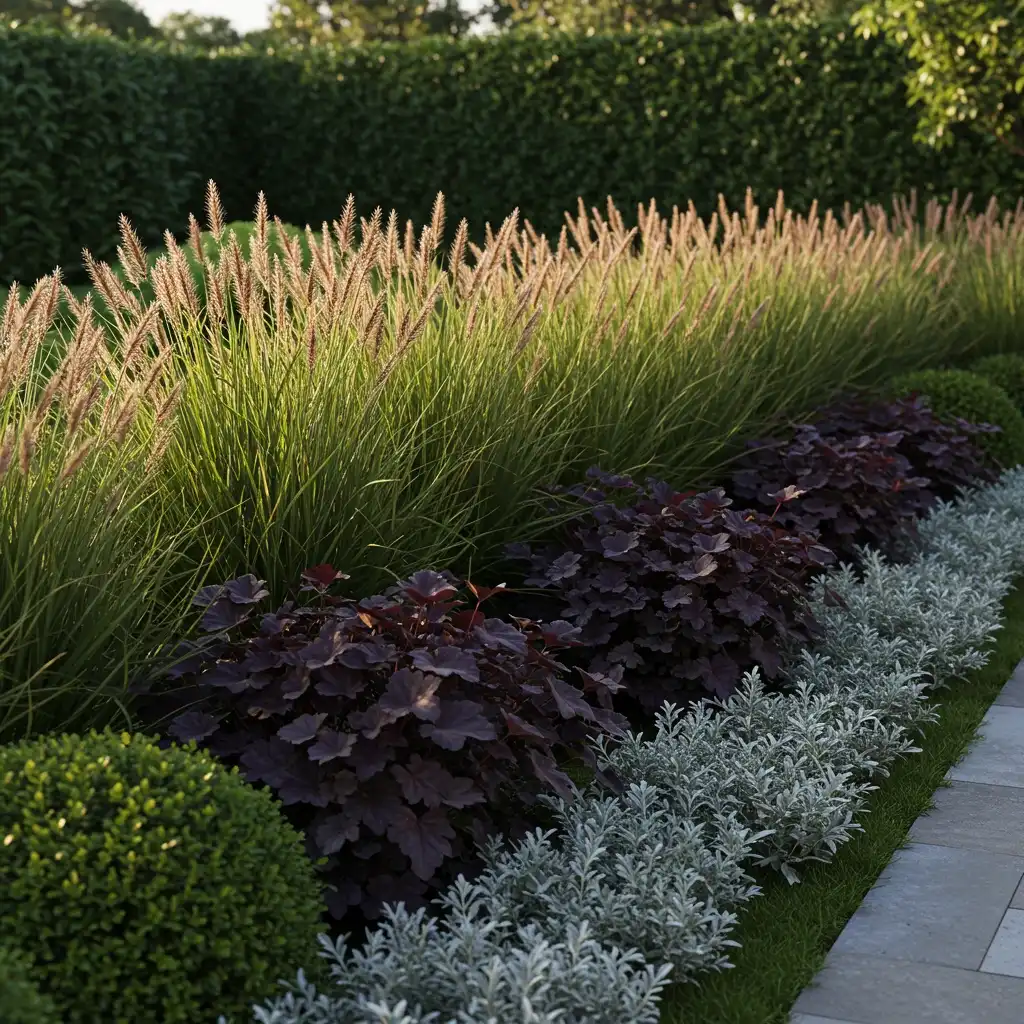 A modern garden bed showcasing a limited and repeated plant palette with masses of ornamental grass and perennials.