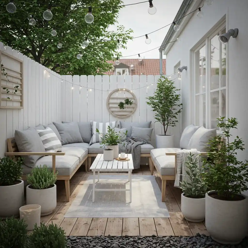 A small backyard using a light and cohesive color palette of white, gray, and natural wood to feel more spacious.