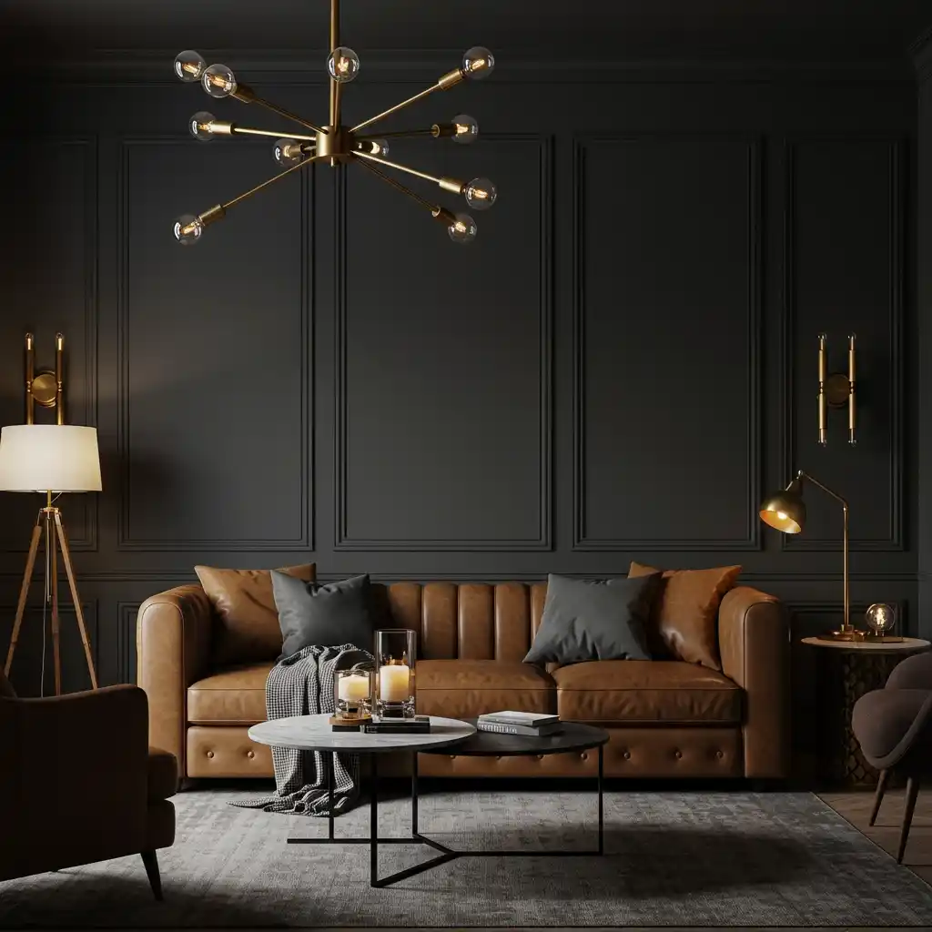A dramatic and cozy living room with deep, moody charcoal gray walls and a cognac leather sofa.