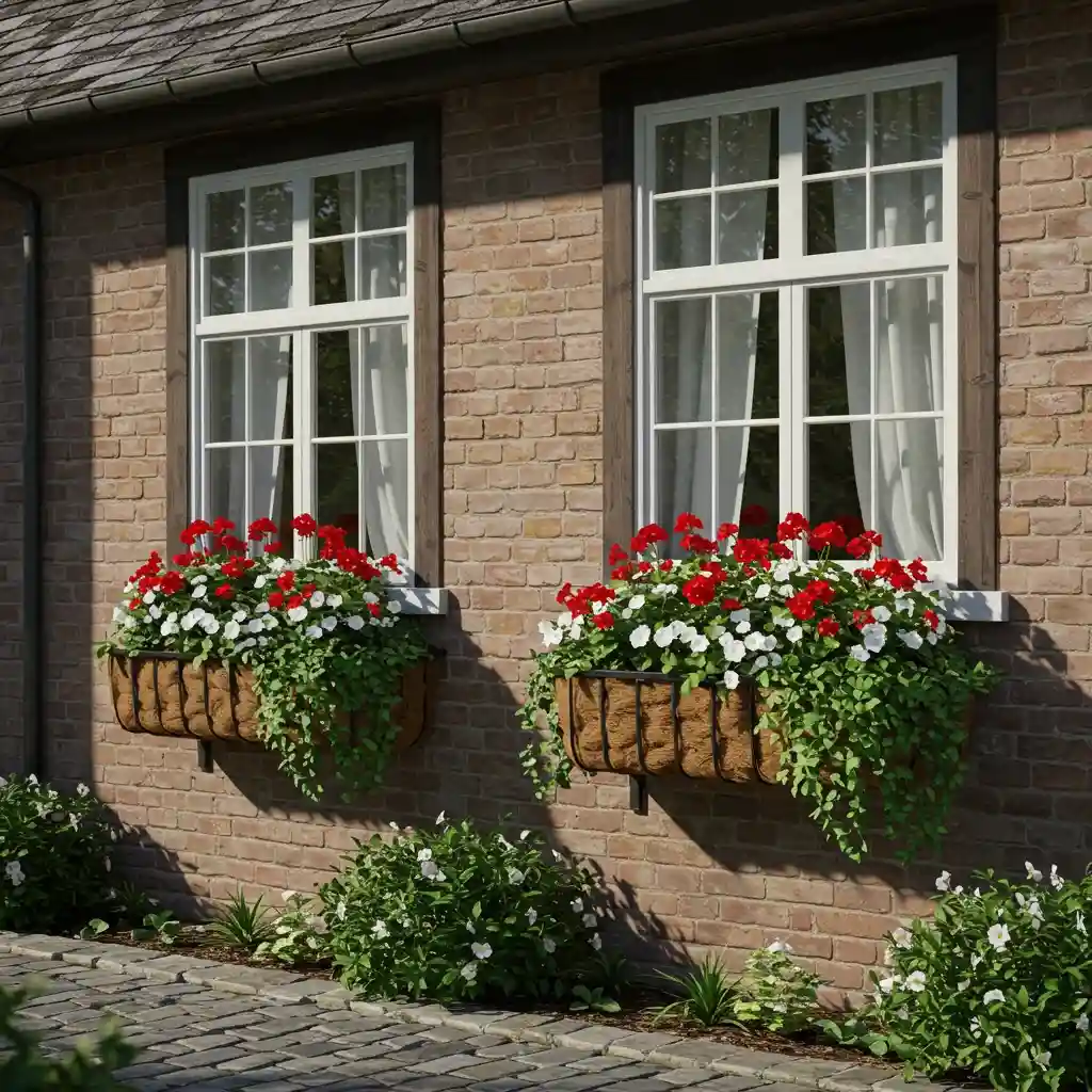 A house with stunning curb appeal from classic window boxes overflowing with colorful flowers.