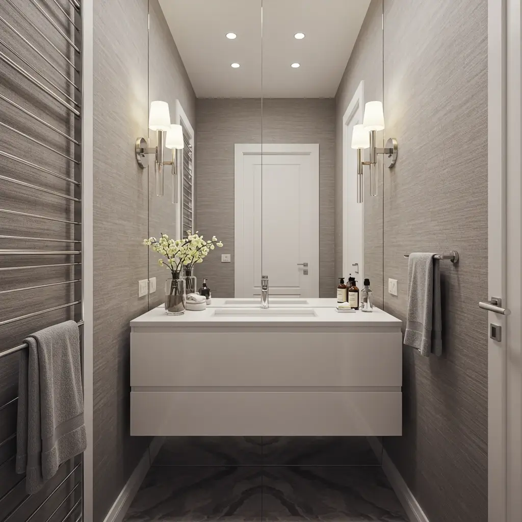 A glamorous small bathroom featuring a large, wall-to-wall mirror to create an illusion of depth.