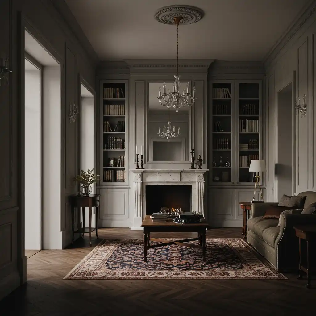 A long, narrow living room using tall bookshelves to create vertical interest and balance.