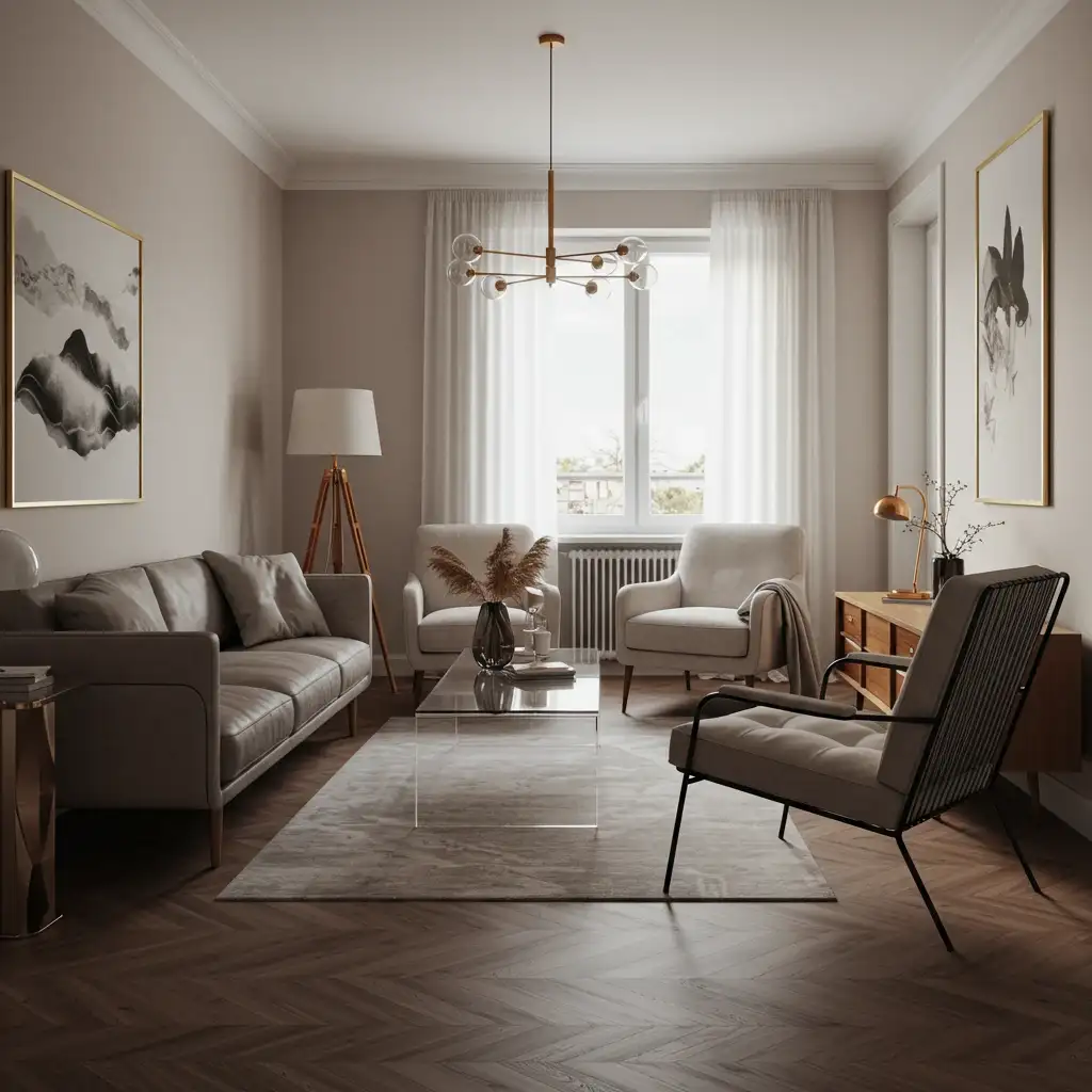 A long apartment living room using a tall, narrow bookshelf to add vertical interest.