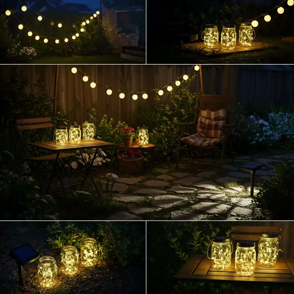 A magical backyard at night lit with cheap and creative solar-powered string lights and fairy jars.