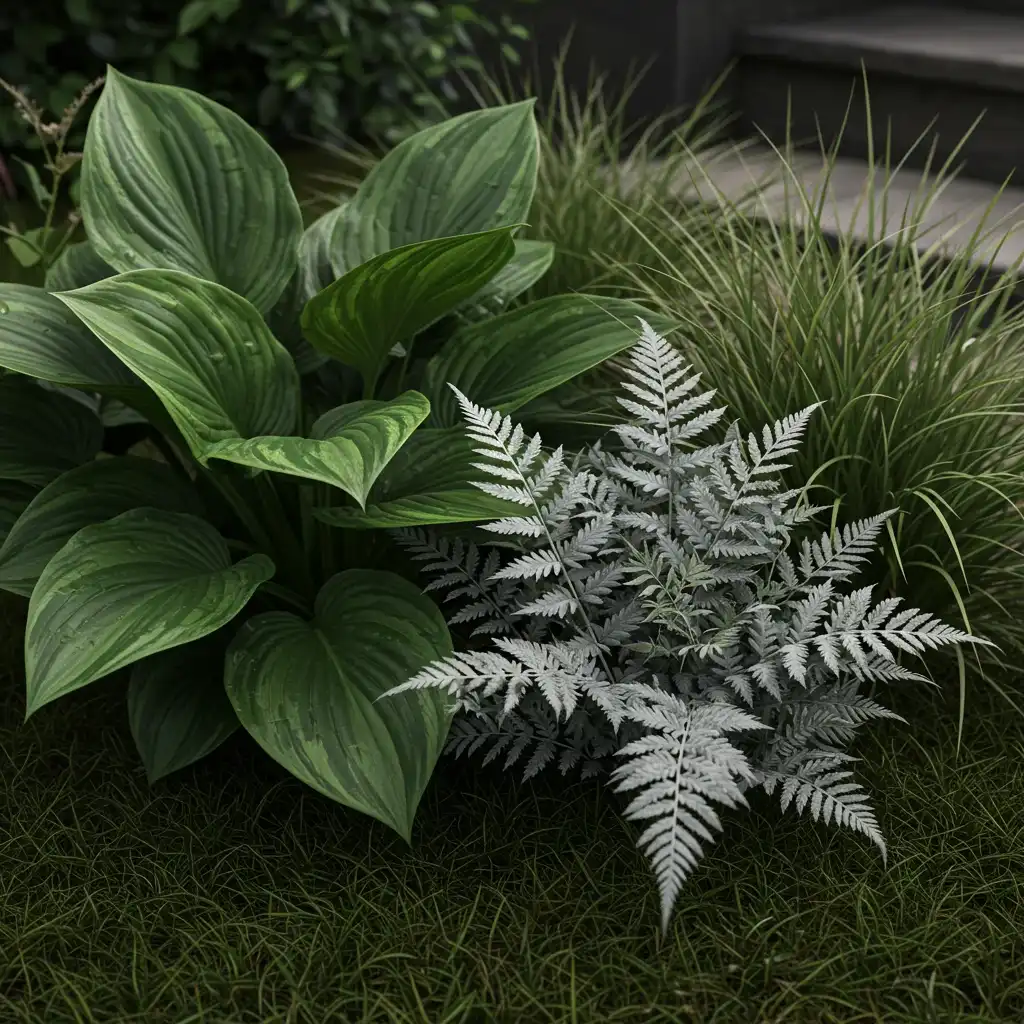 A modern garden focusing on a rich combination of plant foliage and textures rather than flowers.