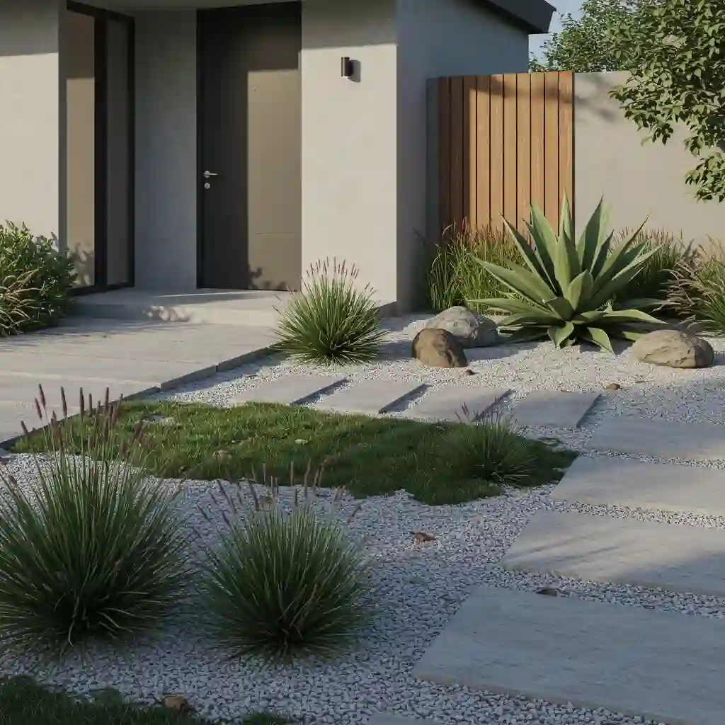 A modern, low-maintenance front yard using gravel and a few sculptural plants instead of a lawn.