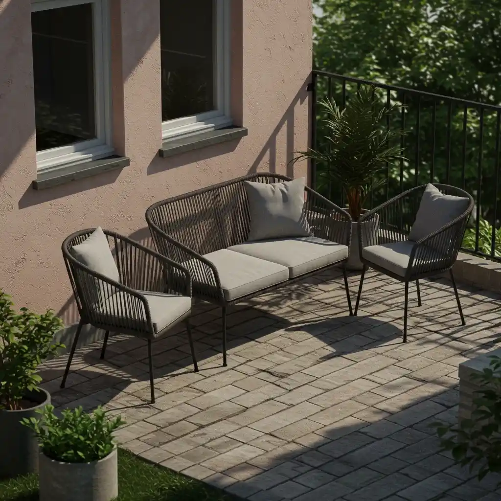 A small backyard with slim, "leggy" outdoor furniture that creates a sense of openness.