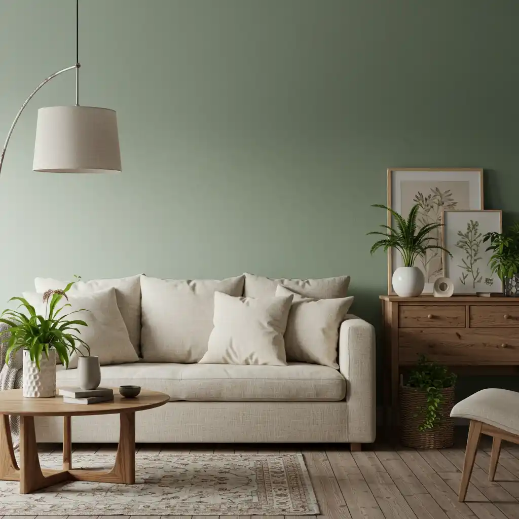 A serene living room with calming, earthy sage green walls and natural wood accents.