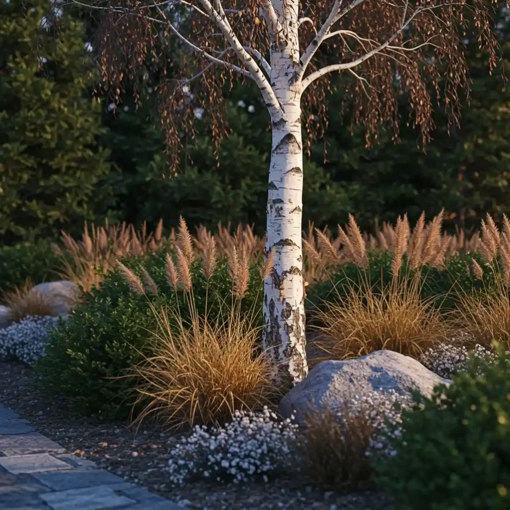 A front yard landscape designed for four-season interest, looking beautiful even in winter with evergreens and ornamental grasses.