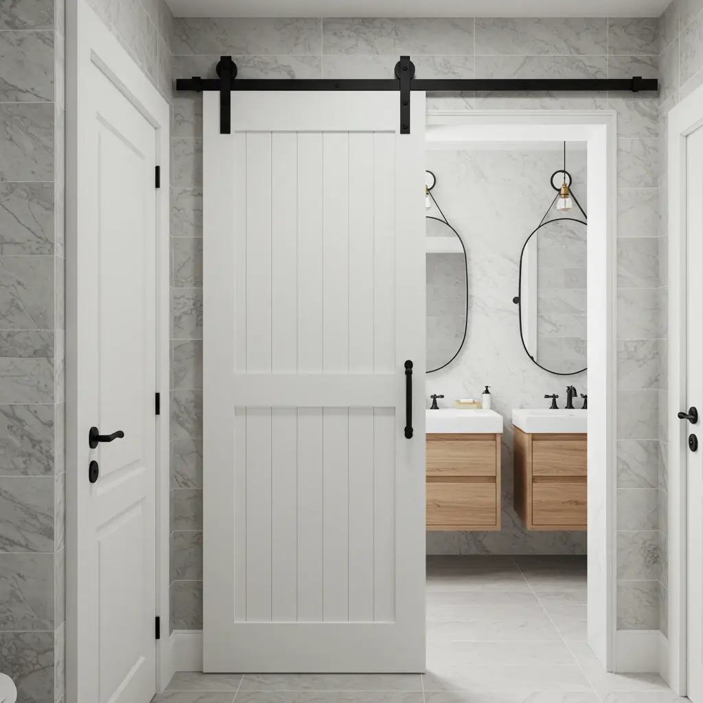 A modern white sliding barn door on a black track saving space for a small bathroom entrance.