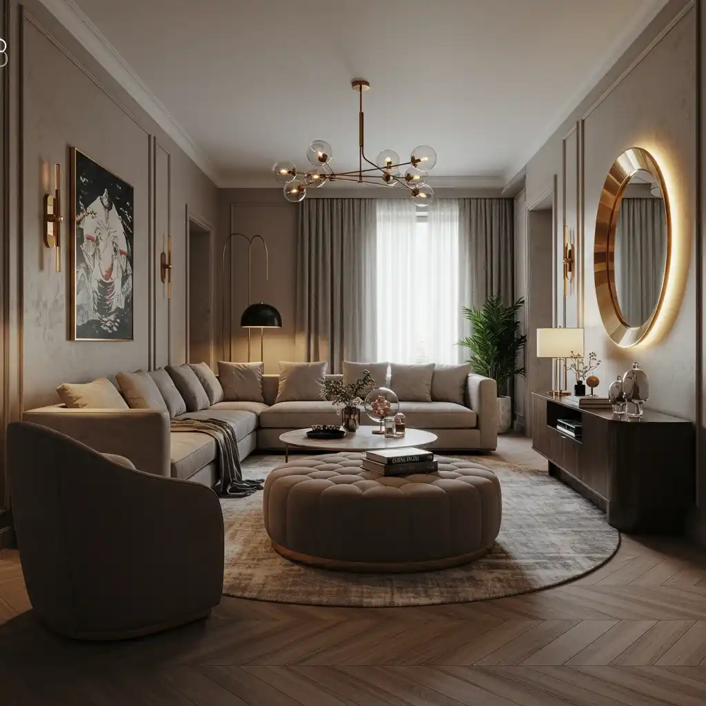 A long, narrow living room using a round ottoman and a circular rug to break up the linear feel.