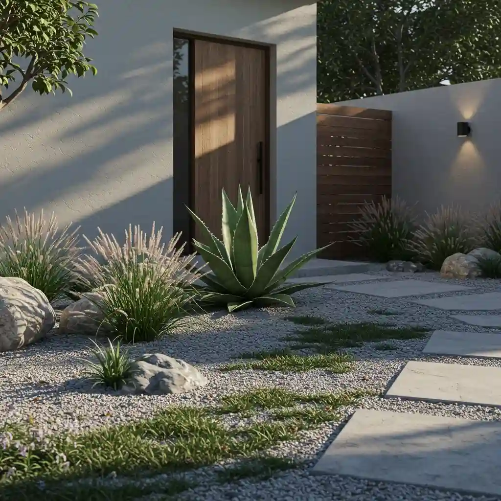A modern, low-maintenance front yard using gravel and a few sculptural plants instead of a lawn.