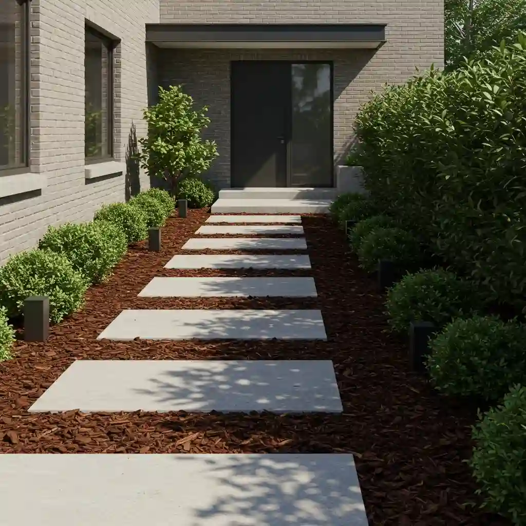 A simple, low-maintenance, grass-free front yard using a combination of mulch and a paver pathway.