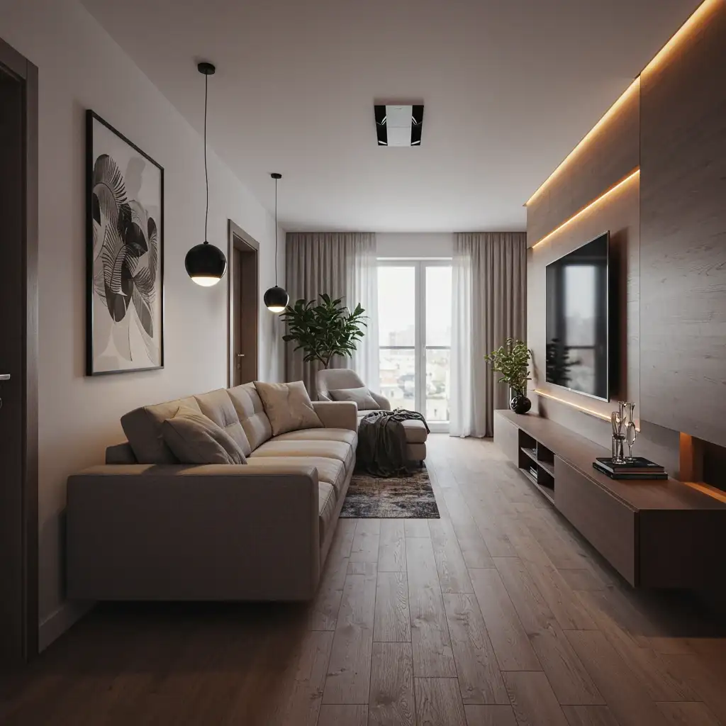 A long, narrow living room using a large, horizontal mirror on a long wall to create an illusion of width.