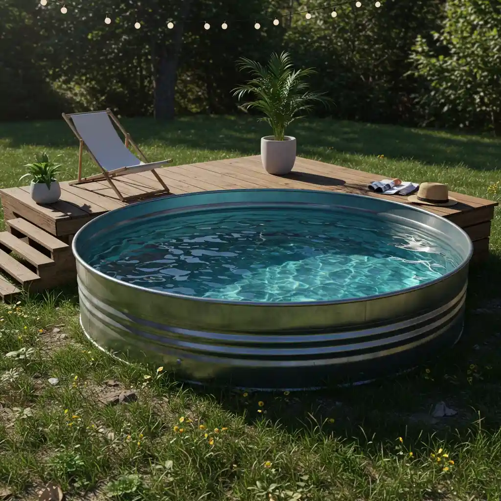 A creative and cheap backyard idea featuring a DIY stock tank pool with a simple wood deck.