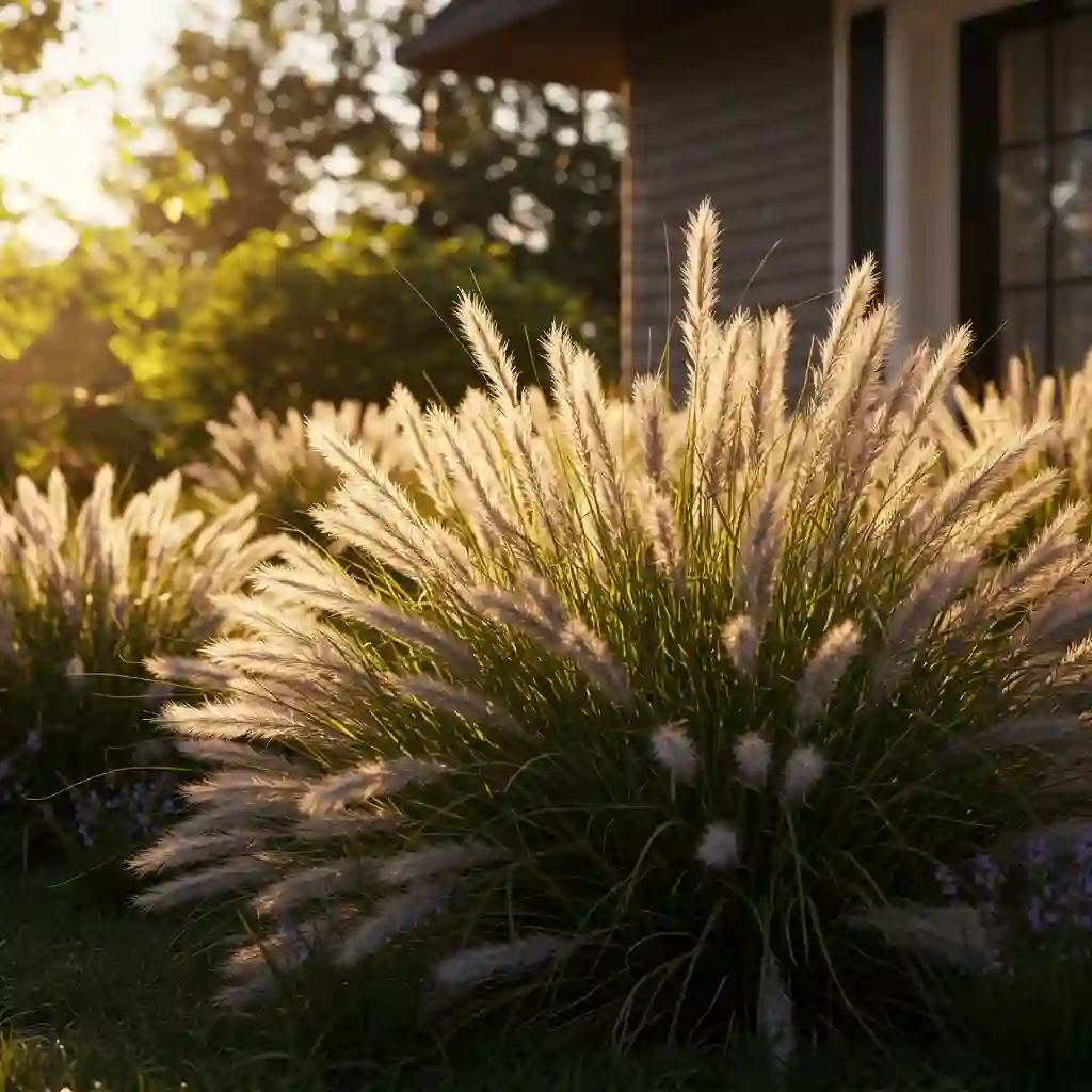 A low-maintenance landscape featuring a large drift of ornamental fountain grass backlit by the sun.