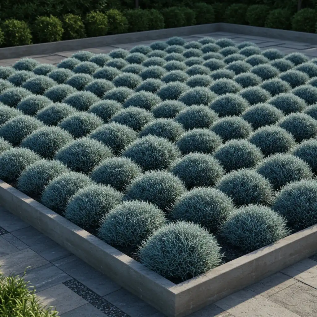 A modern garden with plants arranged in a structured, geometric grid pattern.