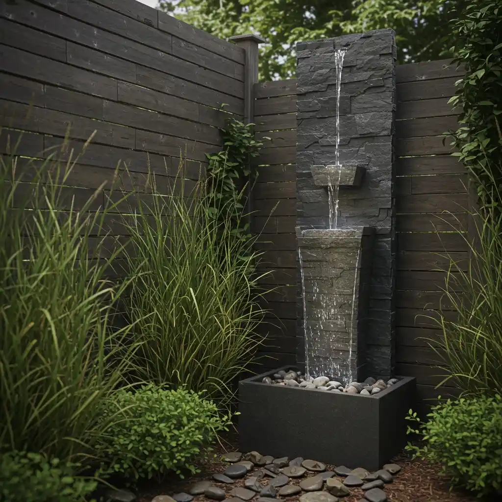 A tall, narrow wall fountain adding a tranquil, space-saving water element to a small backyard.