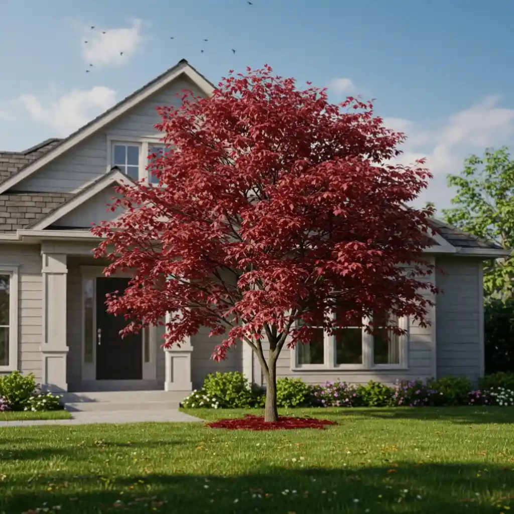A stunning front yard landscape with a single, beautiful Japanese Maple tree as a focal point.