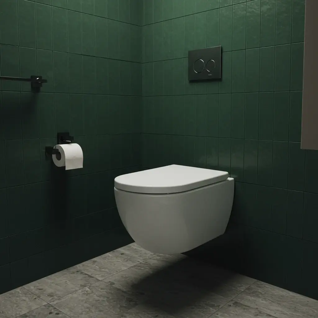 An ultra-minimalist bathroom featuring a space-saving wall-mounted toilet and green kit-kat tiles.