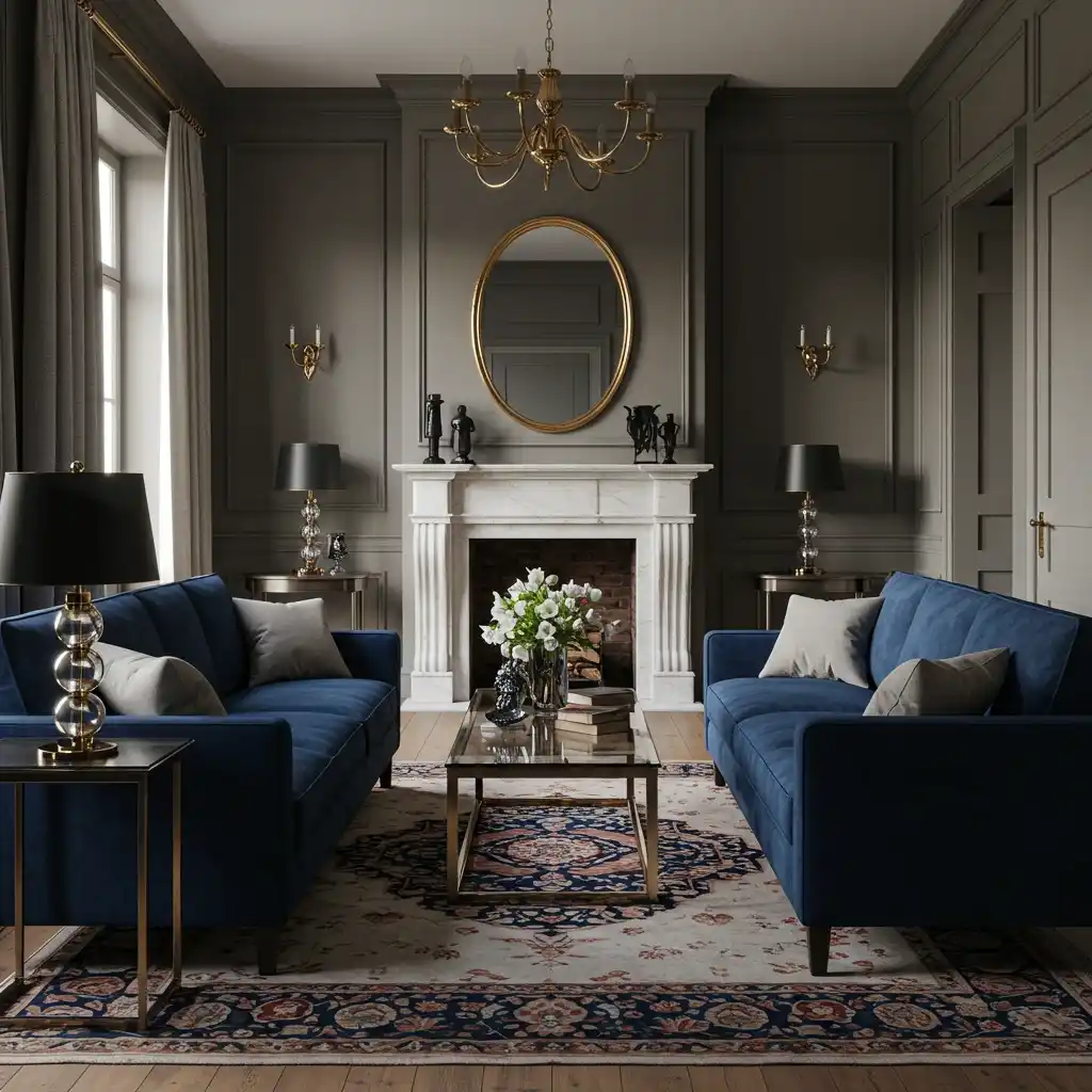 A formal layout for a long, rectangular living room using two matching loveseats facing each other.