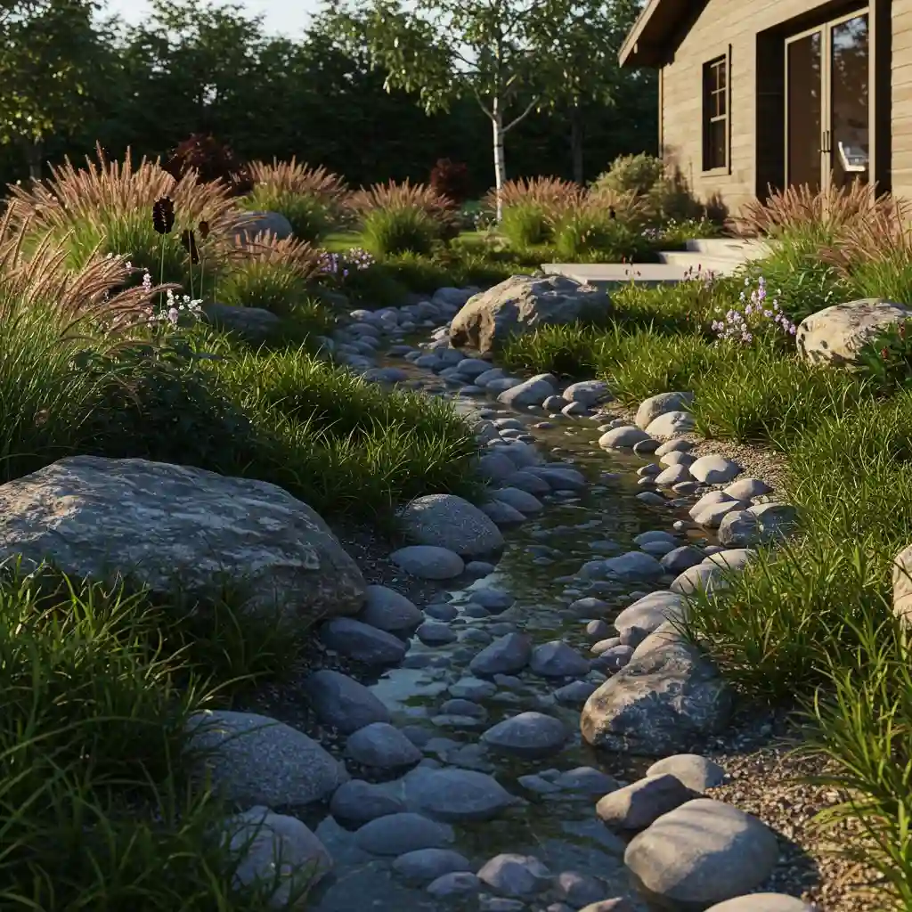 A creative, grass-free front yard featuring a winding dry creek bed made of river stones.