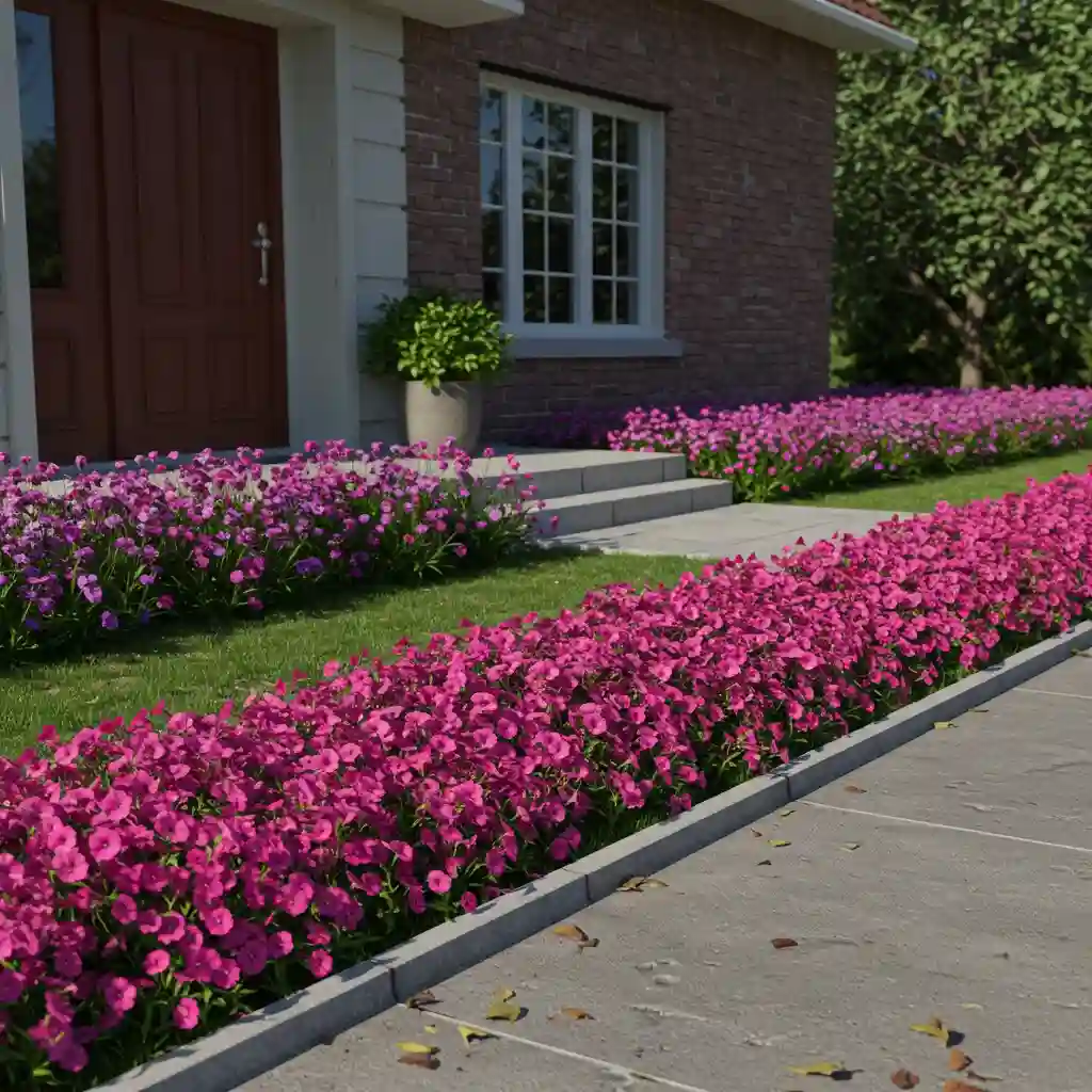 A simple front yard idea adding a big pop of color with a mass planting of easy annual flowers.